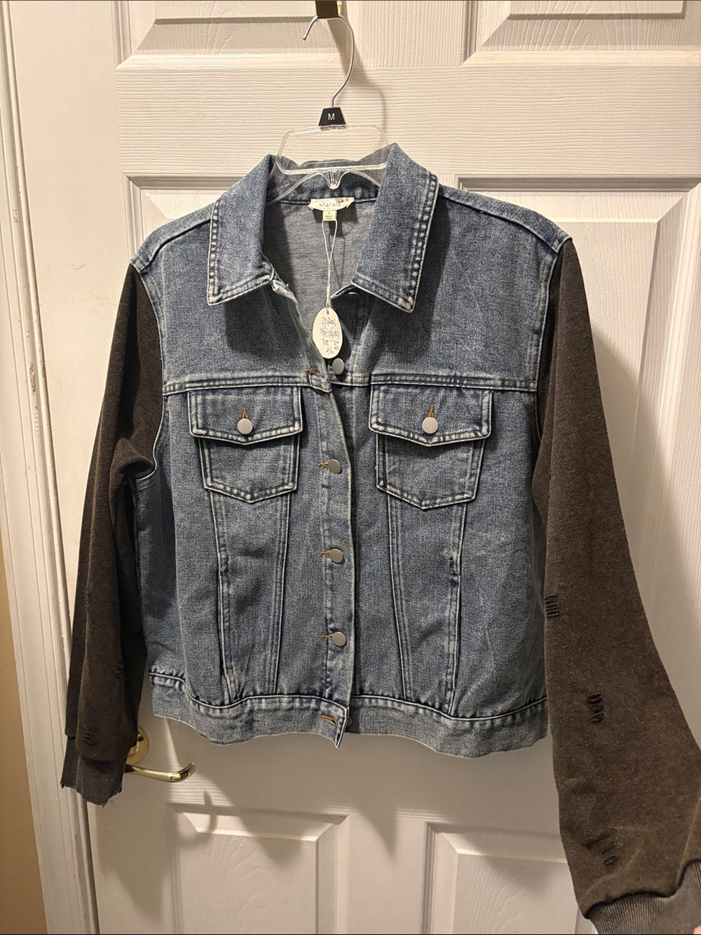 Oddi denim jacket with charcoal sweatshirt distressed sleeves